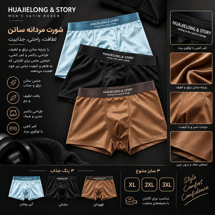 شورت مردانه ساتن HUAJIELONG & STORY | شورت باکسر براق و لطیف( هر پک حاوی ۳ عدد )